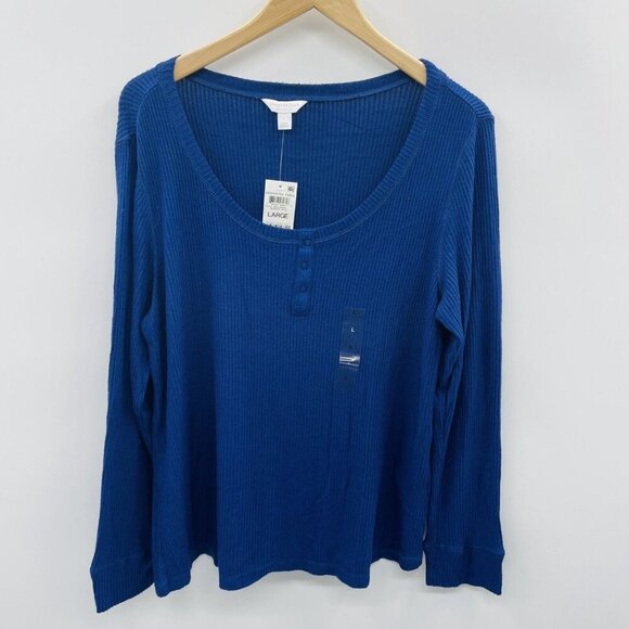 Charter Club Womens Size Large Long Sleeve Ribbed Henley Pajama Top in Blue 1330 - Picture 2 of 7